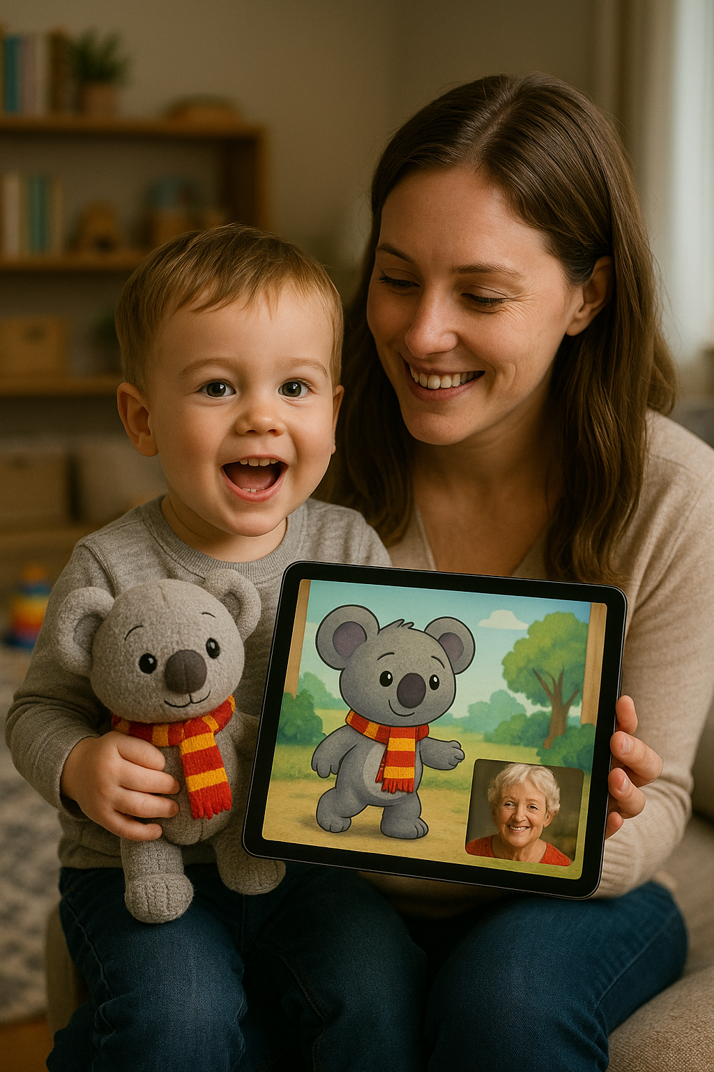 Excited parent and child with a koala toy and digital story featuring the same character
