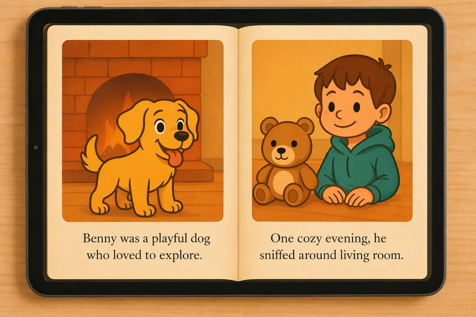 Read and share - an open storybook showing illustrated pages of a boy and his dog